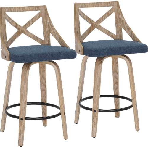 Charlotte Counter Stool in White Washed Wood & Blue Fabric (Set of 2)